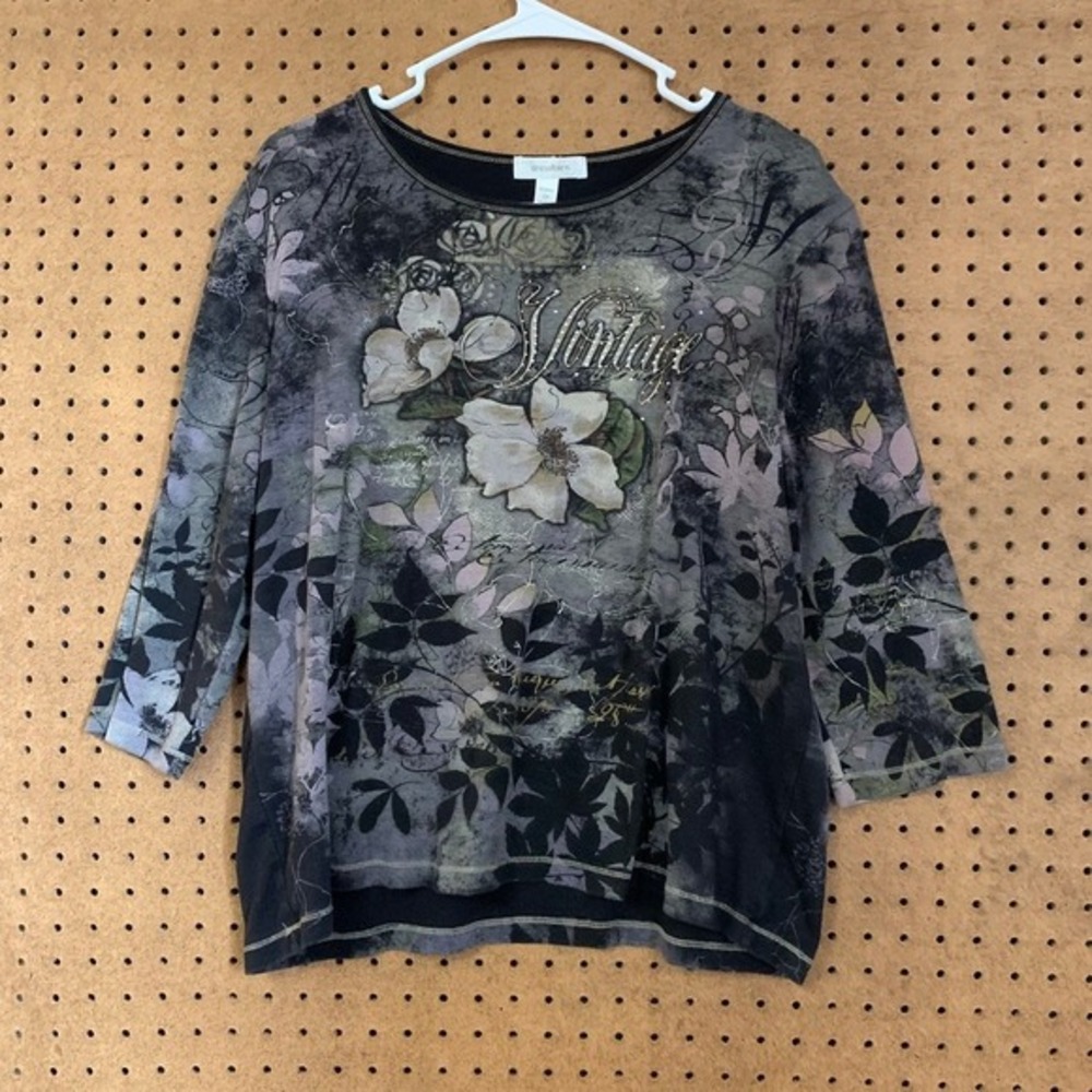 Dressbarn Floral Print Vintage Graphic Top Womens 2X Black Magnolia Y2K‎